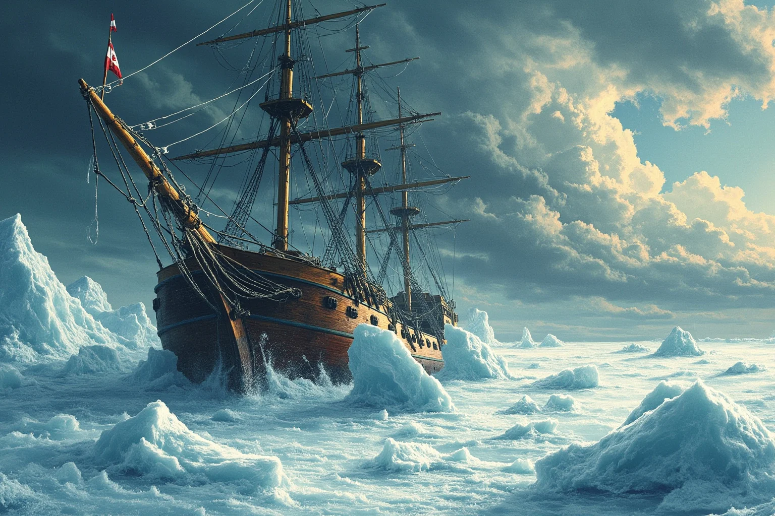A wooden 19th-century sailing ship crushed by pack ice under a stormy polar sky, illustrative style