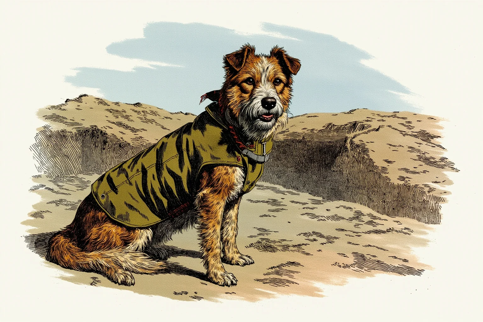 22 Animal Heroes Who Changed Human History 2 A scruffy WWI-era mixed-breed dog wearing a small military jacket sitting near a trench, illustrative style, no real people