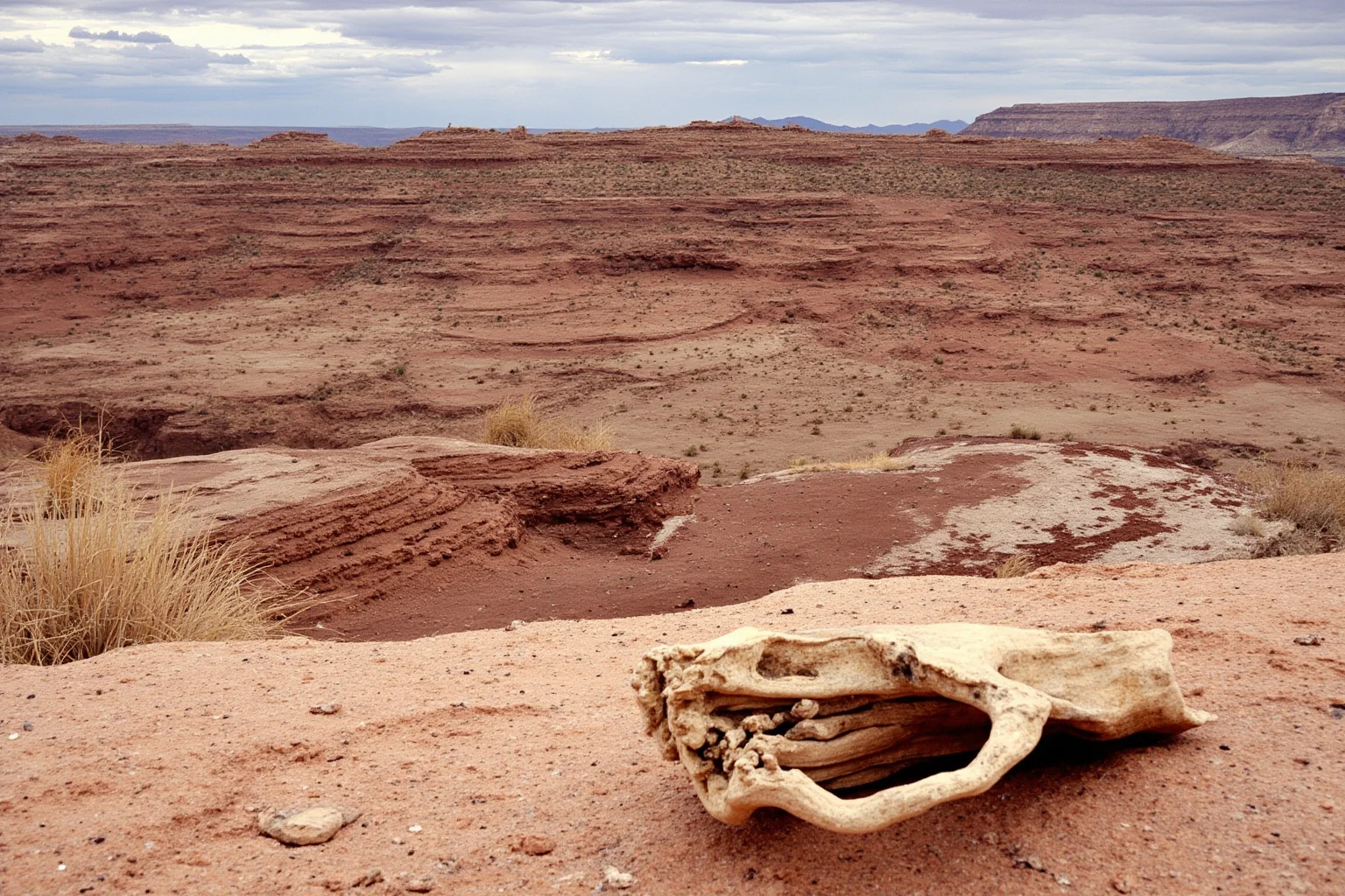 Wide desert badlands landscape in the western United States with layered sandstone cliffs and a partially exposed fossil bone in the foreground
