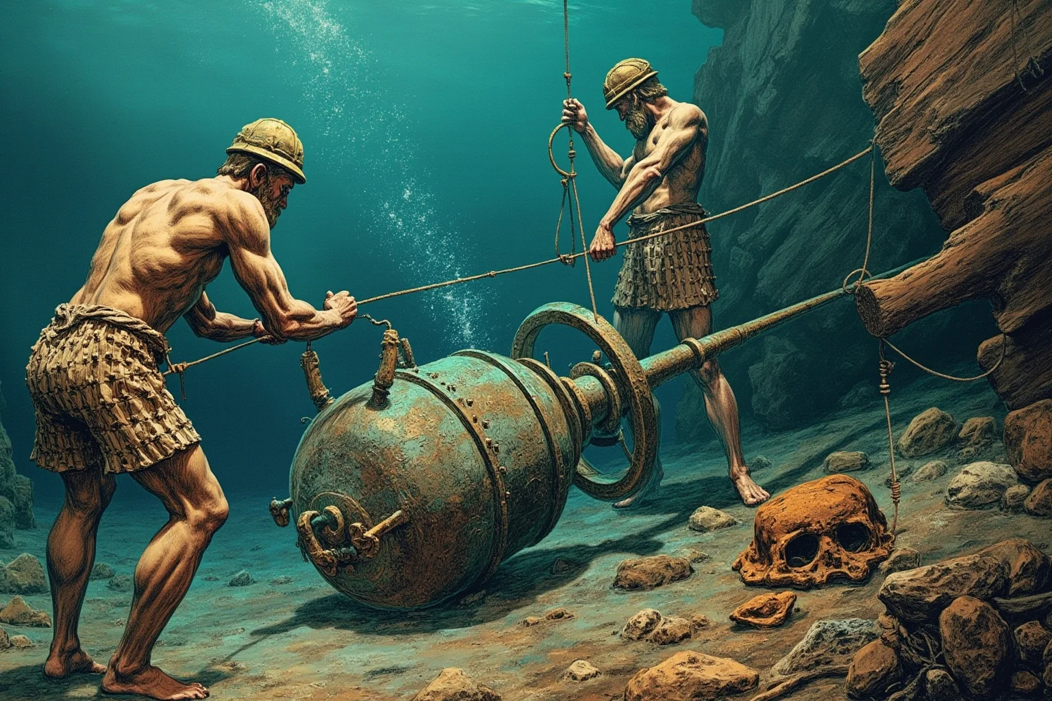 22 Coolest Underwater Discoveries Made Throughout History 2 Illustration of ancient Greek sponge divers hauling a corroded bronze mechanism from a shipwreck on the seafloor