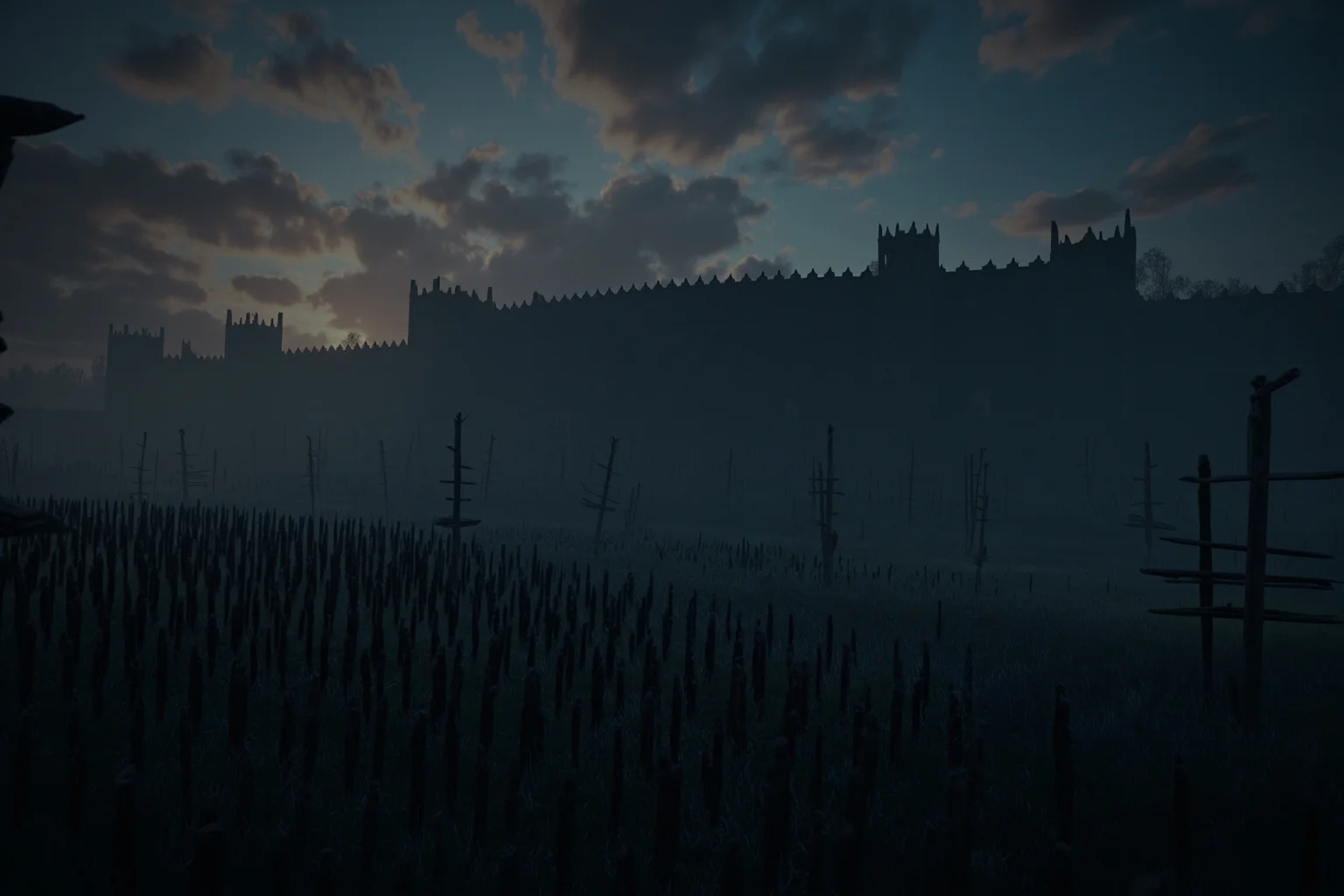 22 Creepiest People in History (And the Truth Behind Their Legends) 2 Dark medieval fortress at dusk with rows of wooden stakes in the foreground, moody historical illustration style