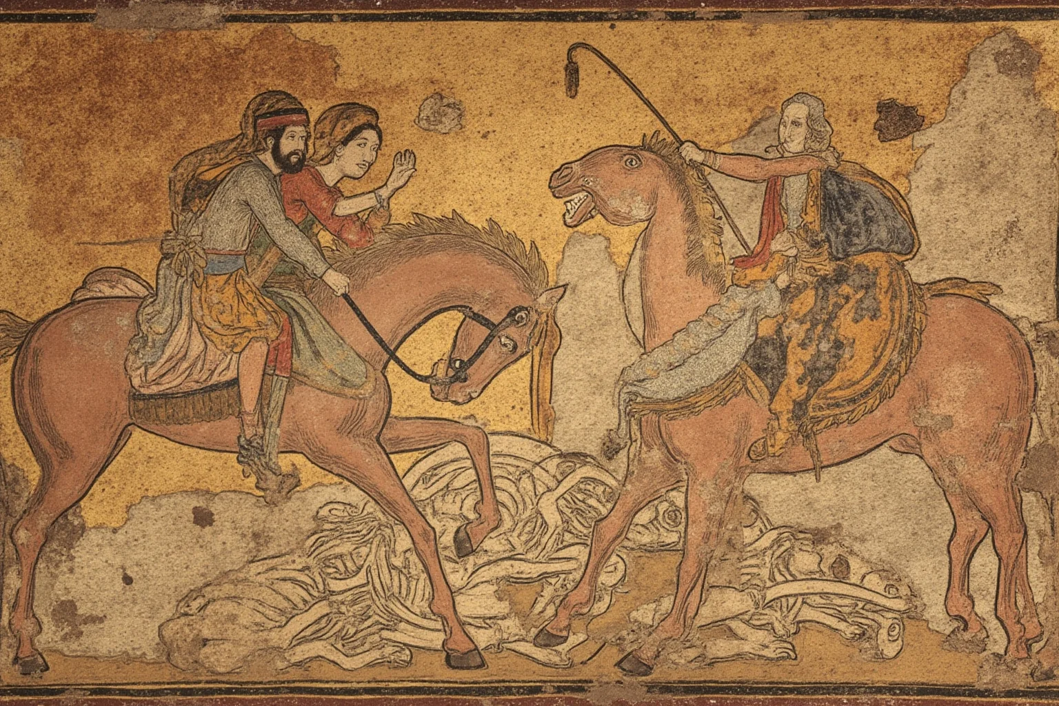 22 Creepiest Pieces of Medieval Art (And the Strange History Behind Them) 2 A weathered medieval fresco showing elegant nobles on horseback recoiling from a pile of skeletal corpses in a rocky landscape