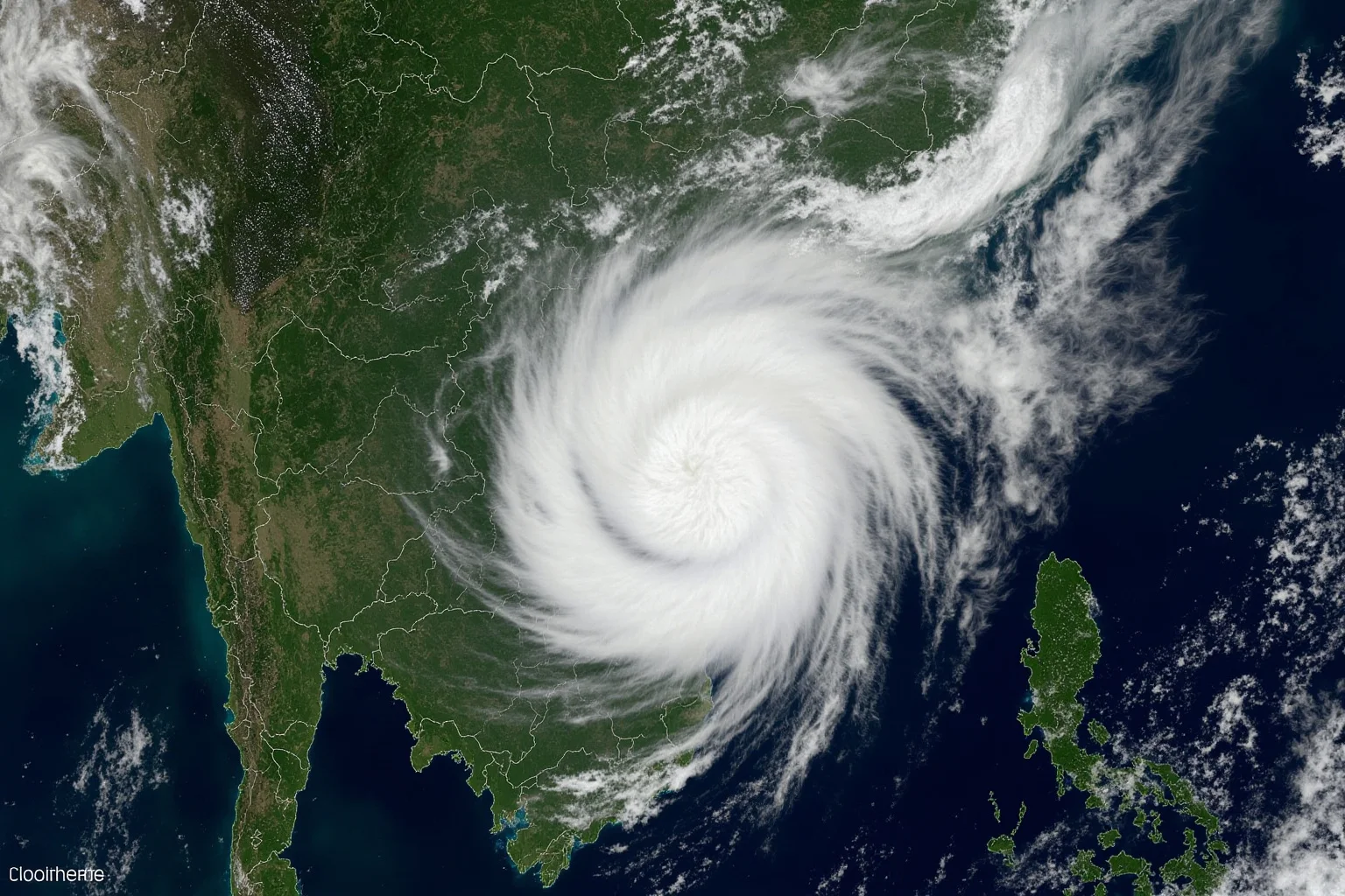 A dramatic satellite-style illustration of a large tropical cyclone swirling over the Bay of Bengal, historical weather-map aesthetic