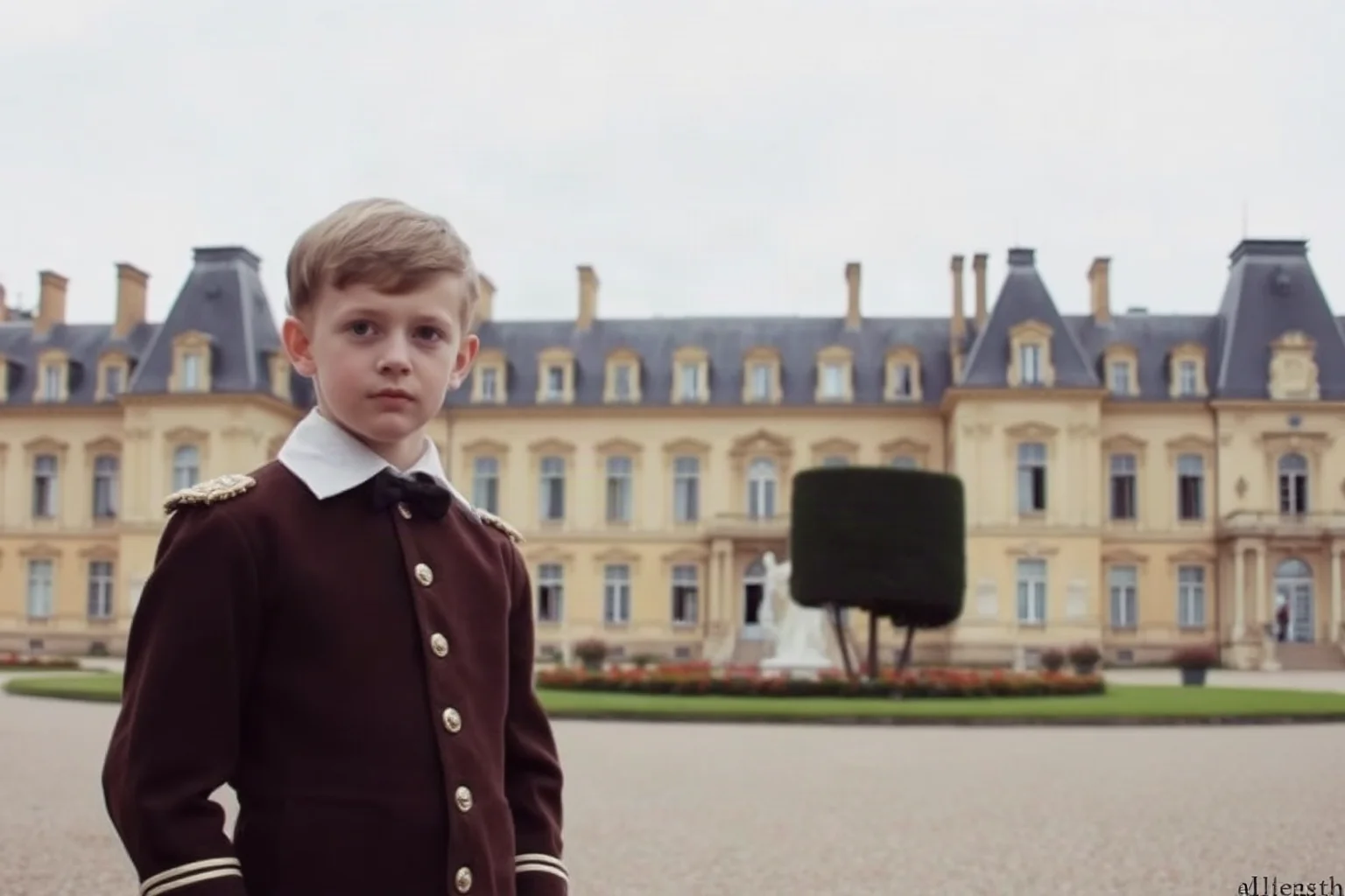 A young 19th-century European prince in formal royal attire standing before a palace, illustrating a Belgian royal childhood
