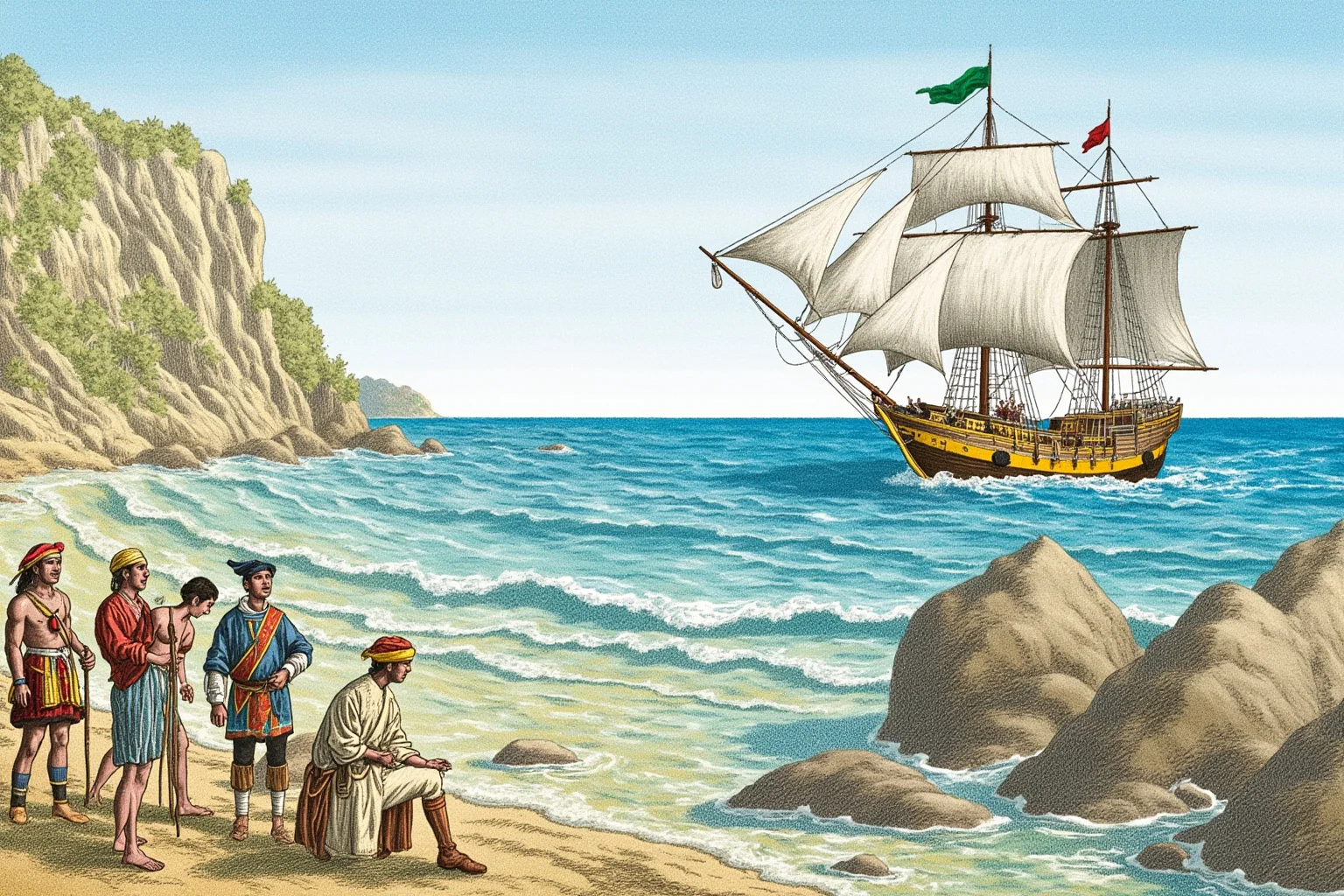 Illustration of a sailing ship approaching an unfamiliar coastline while Indigenous people watch from the shore, symbolizing early contact between explorers and the Americas