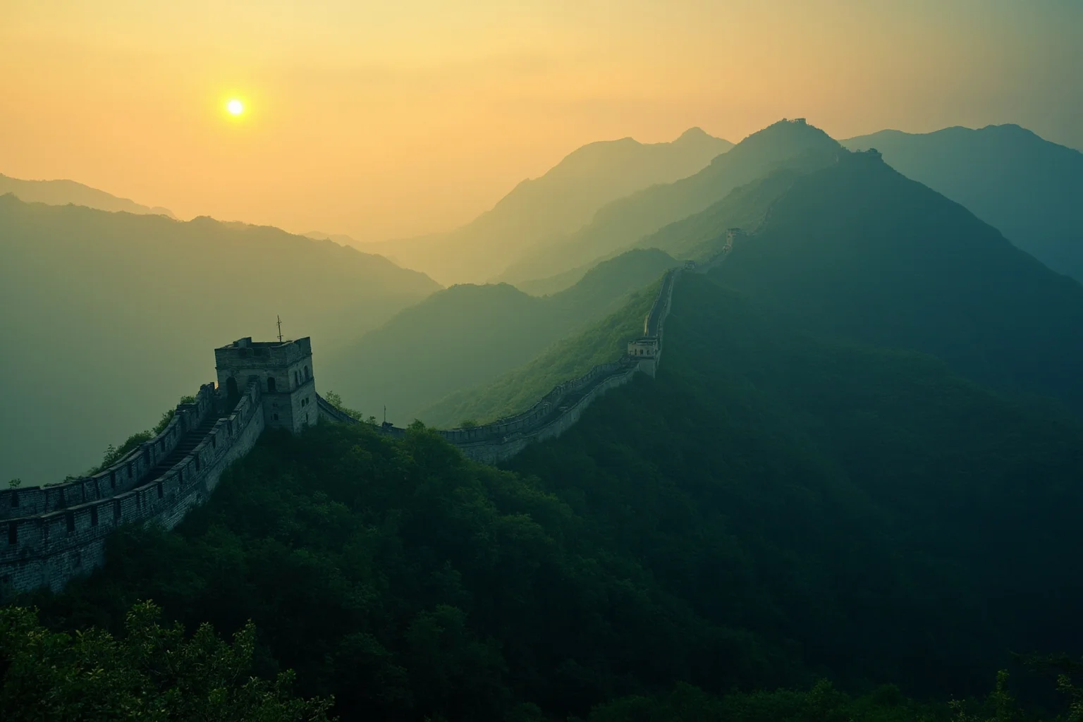 The Great Wall of China snaking over misty green mountains at sunrise