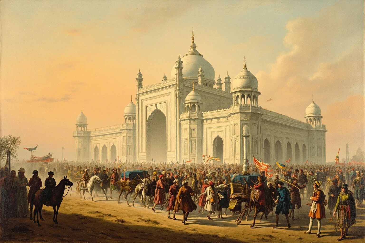 A serene Mughal-era funeral procession approaching a grand white marble mausoleum at dawn, painted in a historical illustration style