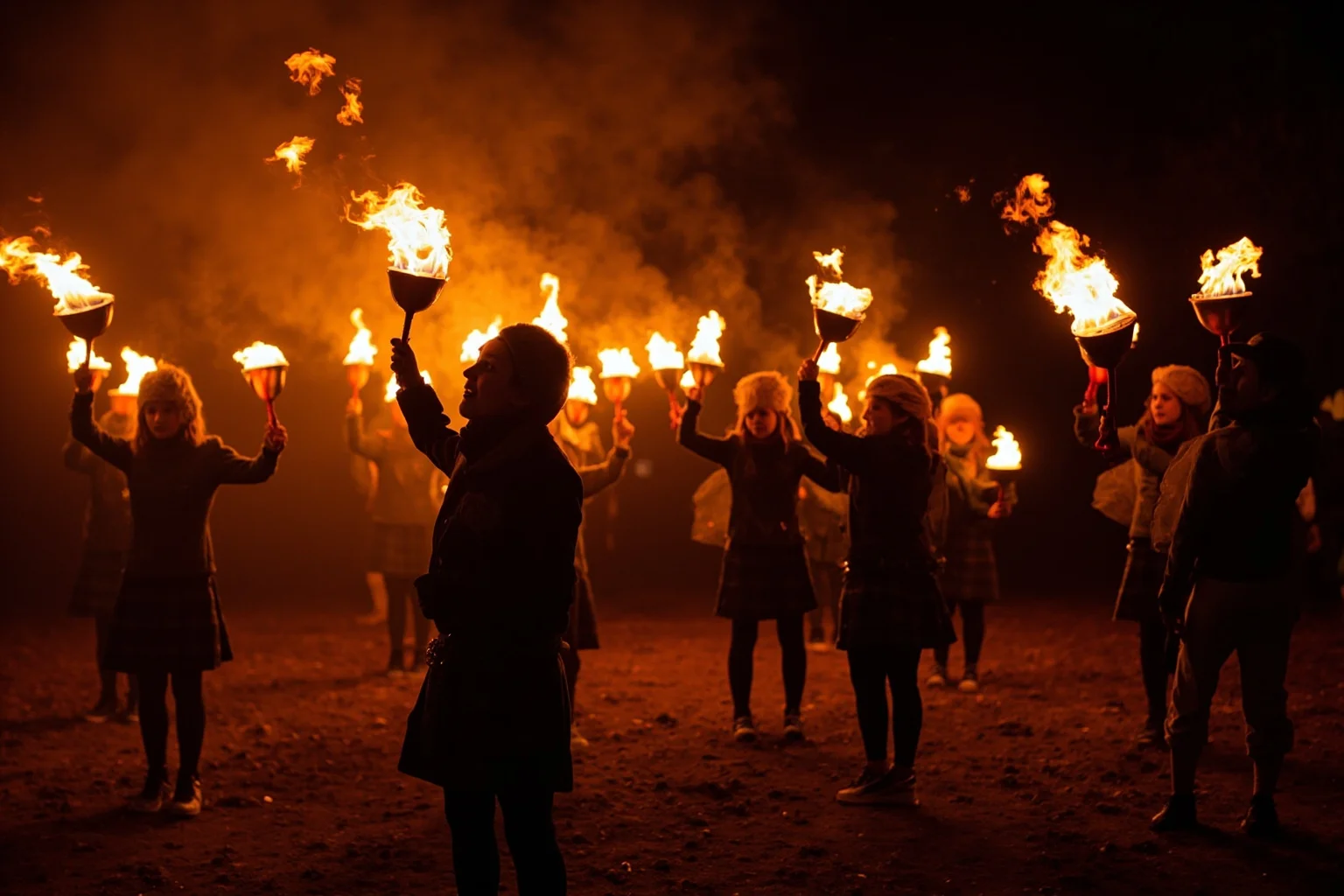 People swinging blazing fireball orbs on chains during a nighttime Scottish winter fire festival