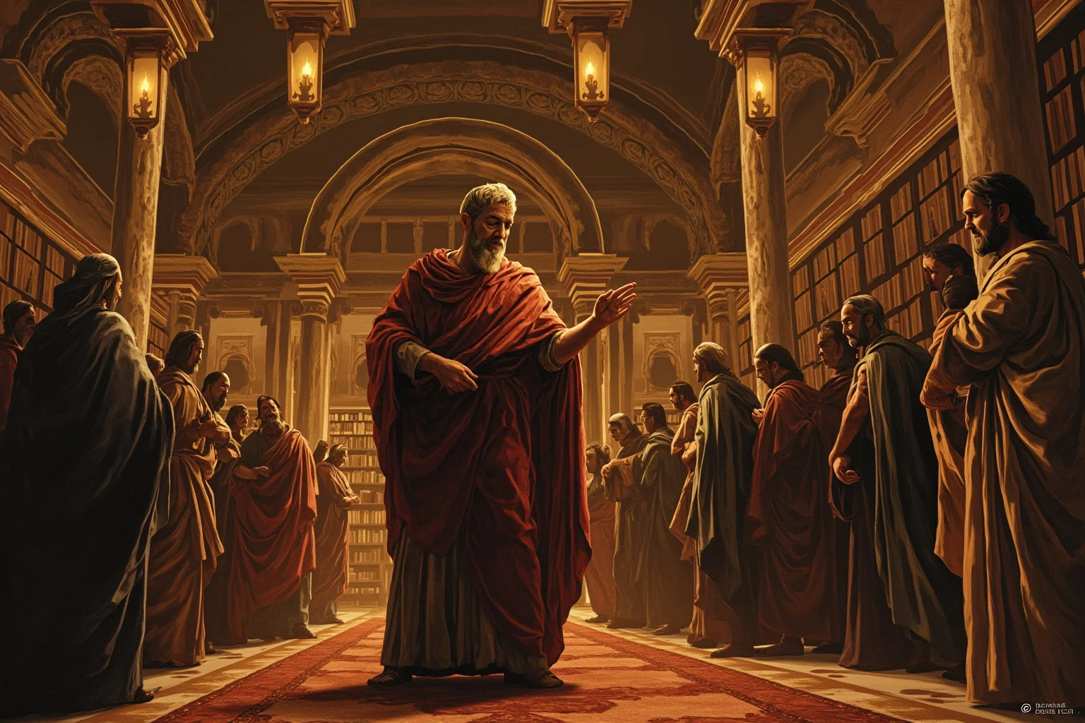 An illustrated ancient Alexandrian scholar in flowing robes teaching students in a grand marble library, warm candlelight, historical illustration style