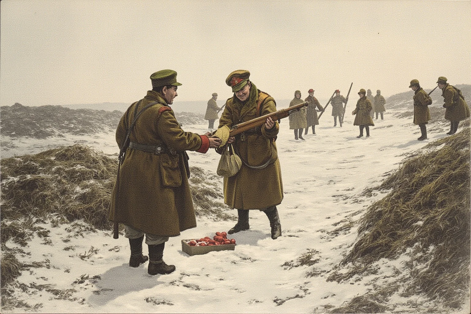 22 Historical Events That Will Restore Your Faith In Humanity 2 Illustrated scene of WWI soldiers from opposing trenches meeting in a snowy no-man's-land, exchanging small gifts, muted vintage color palette