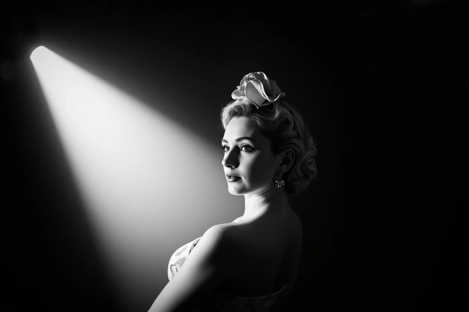 22 Hollywood Stars Whose Lives Ended in Tragedy 2 A dramatic black-and-white style portrait of a glamorous 1950s film actress standing under a spotlight, face partially in shadow, evoking old Hollywood elegance and melancholy