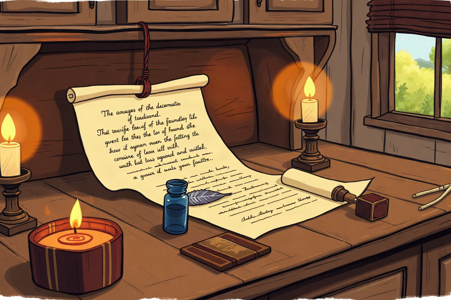 An illustrated colonial-era writing desk with quill, ink, and parchment representing the drafting of a founding document, warm candlelight, historical illustration style