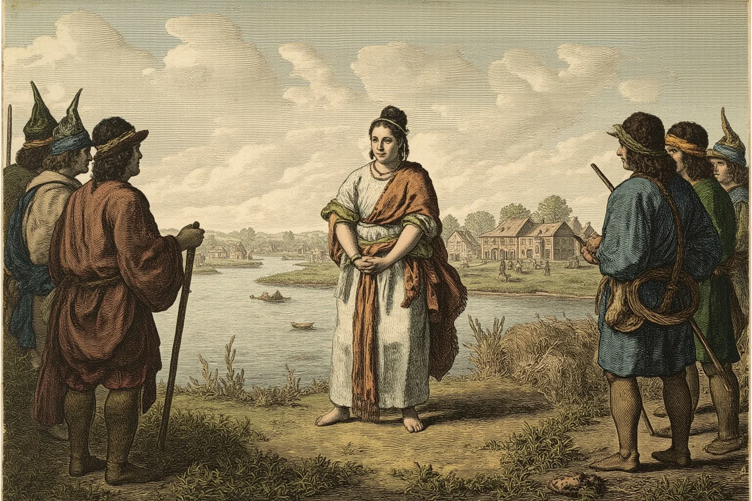 22 Inspiring Stories From Native American History 2 A young Powhatan woman standing between two groups near a 17th-century riverside settlement, symbolic historical illustration style