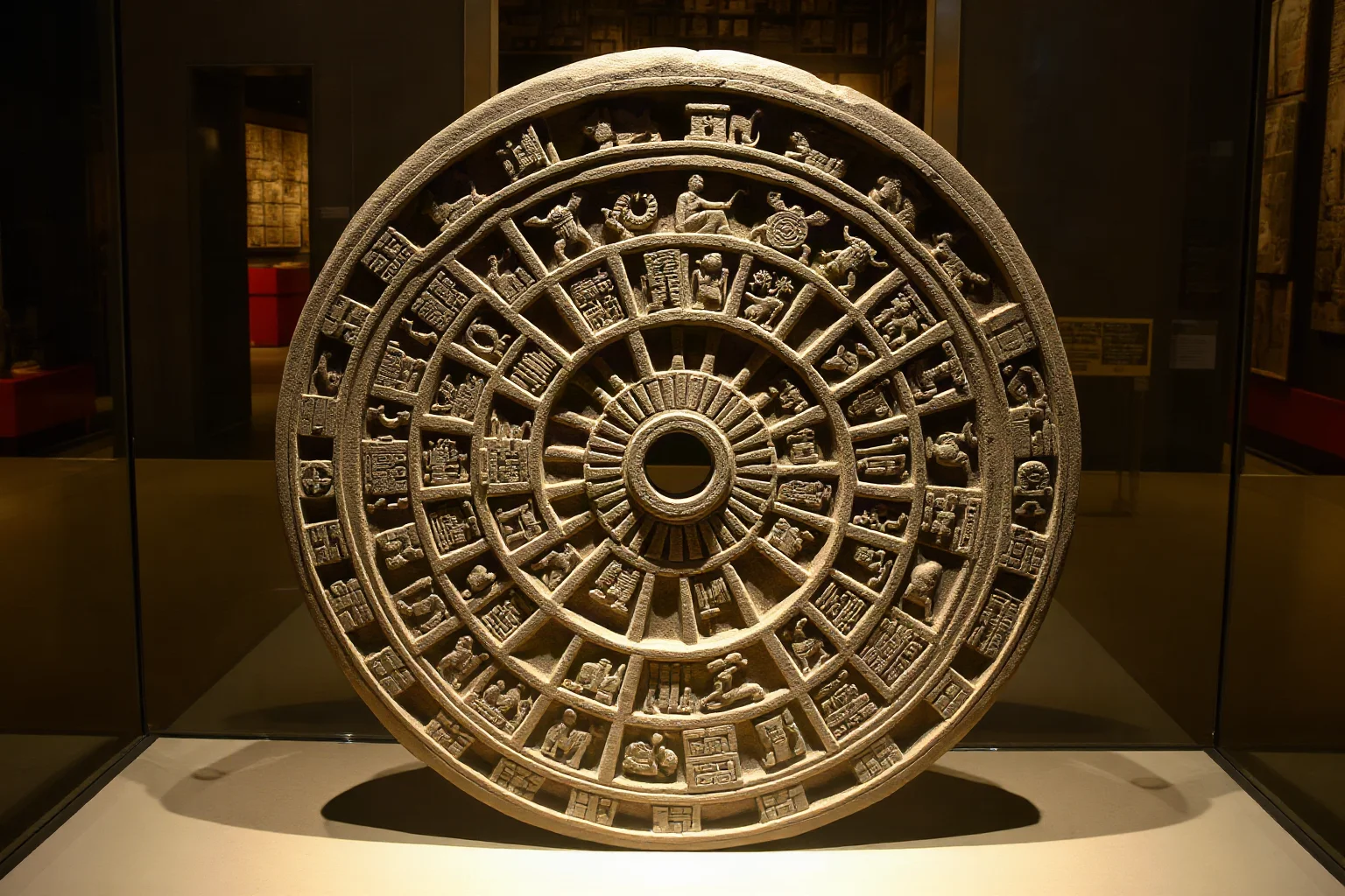 Illustrated ancient Maya stone calendar wheel carved with glyphs and cycles, museum lighting