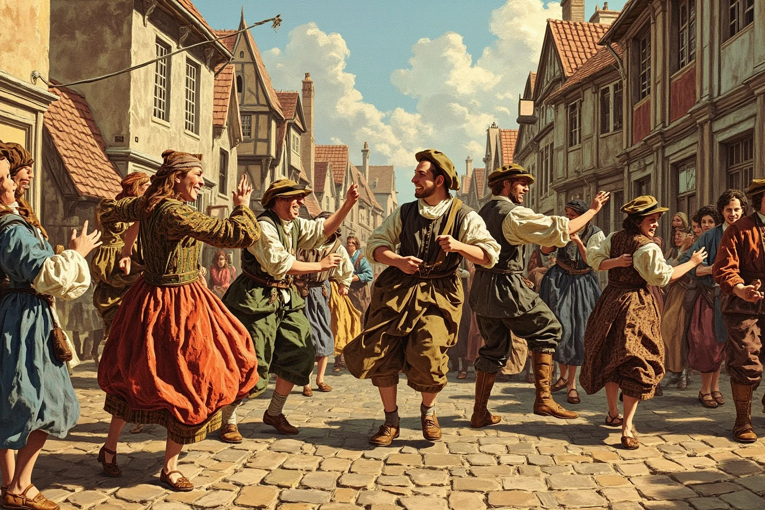 22 Lesser-Known Historical Events That No One Talks About 2 Illustration of medieval townspeople dancing uncontrollably in a cobblestone European street, 16th-century clothing, painterly style