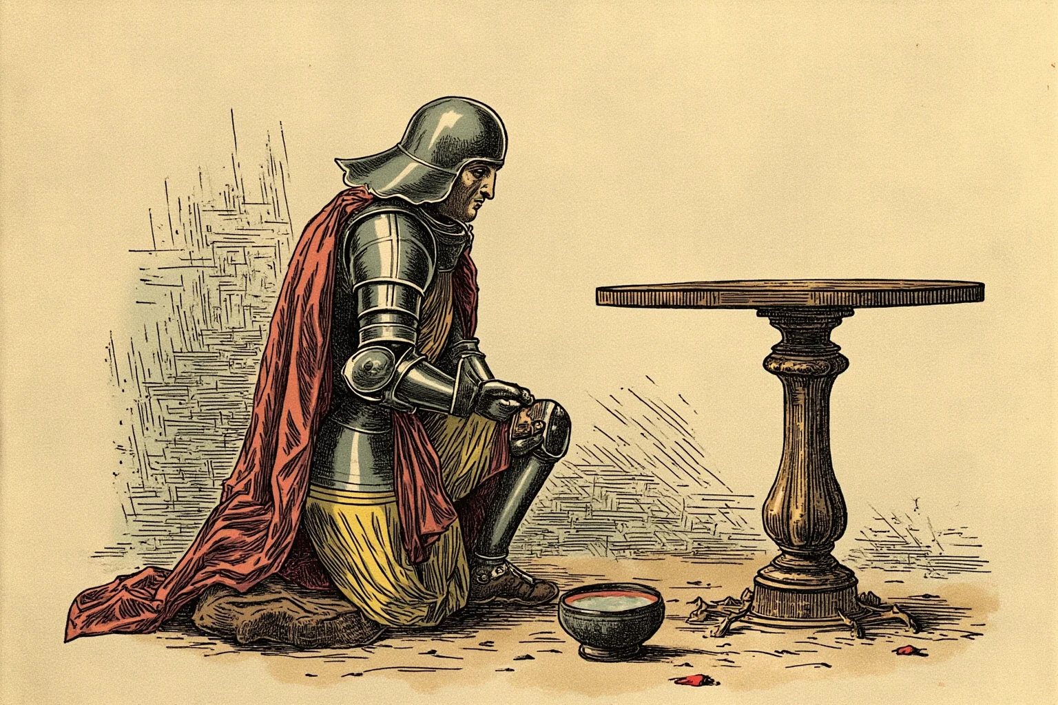 22 Most Notorious Knights From History: Heroes, Villains, and Legends 2 Illustrated medieval knight in shining armor kneeling before a round table, fantasy manuscript art style
