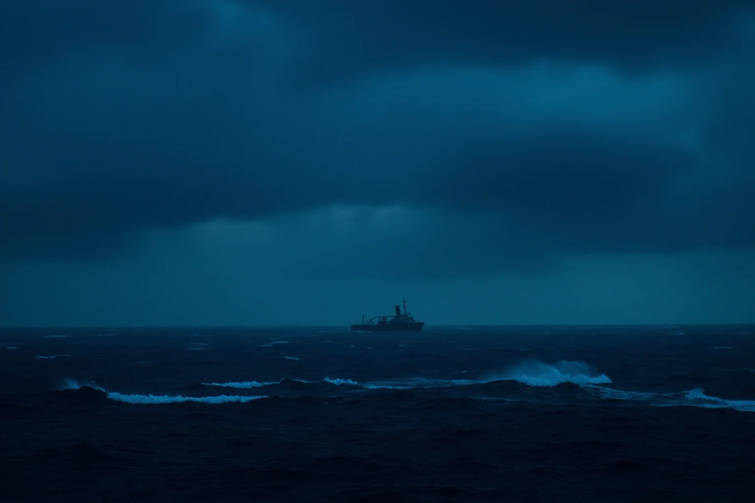 22 Ocean Mysteries We Still Haven't Solved 2 A stormy expanse of open ocean at dusk with a faint outline of an old cargo ship, evoking the mystery of the Bermuda Triangle