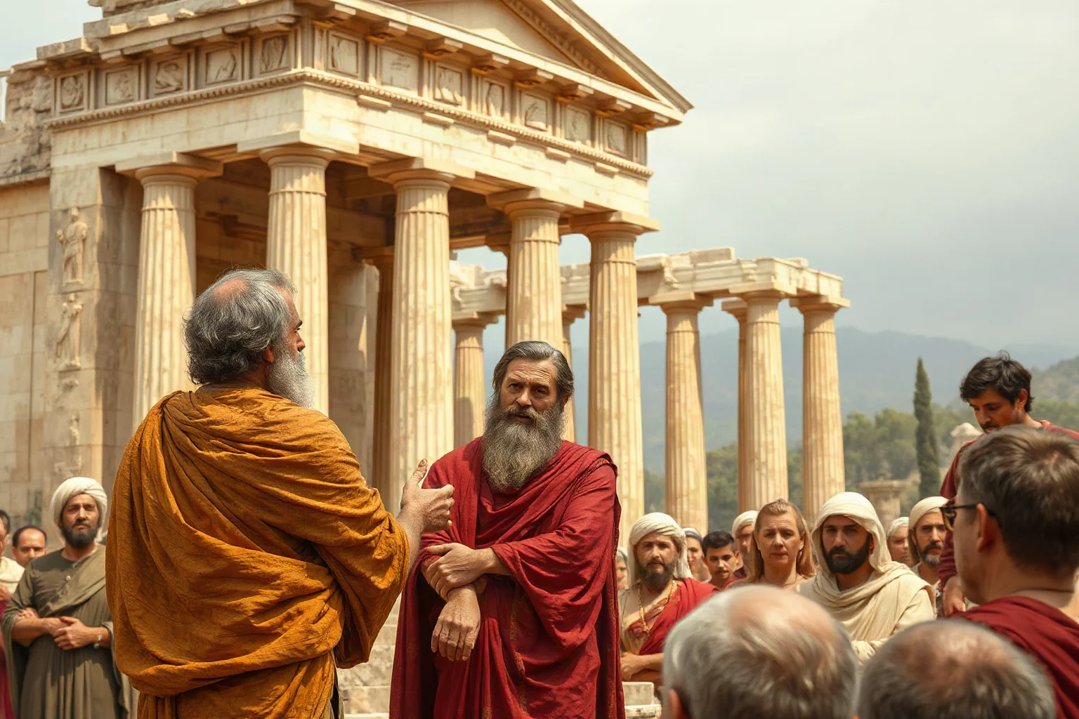 Ancient Athenian statesman addressing a solemn crowd at a funeral ceremony, classical Greek architecture in the background