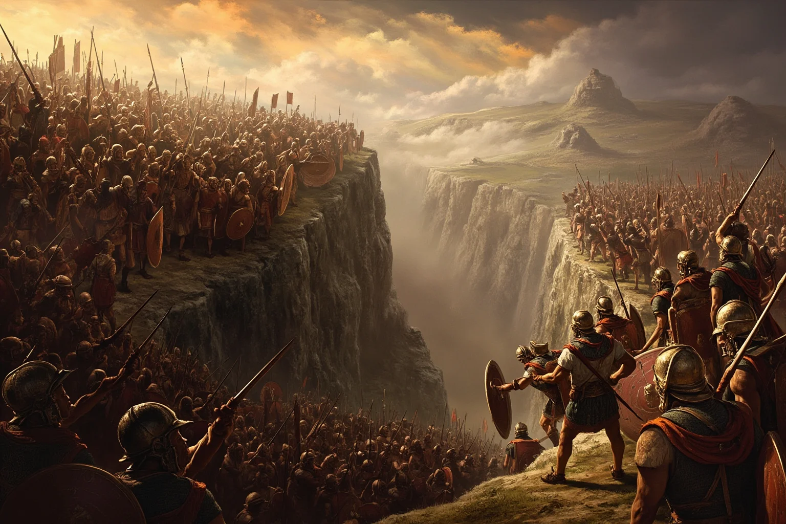 Illustration of ancient Greek warriors holding a narrow mountain pass against a much larger army, dramatic lighting, historical painting style