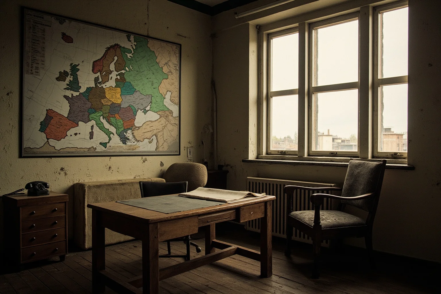 22 of the Greatest Comeback Stories in History 2 A weathered wartime-era office with a large map of Europe on the wall, an empty chair, and a rotary telephone, evoking a leader plotting a political return