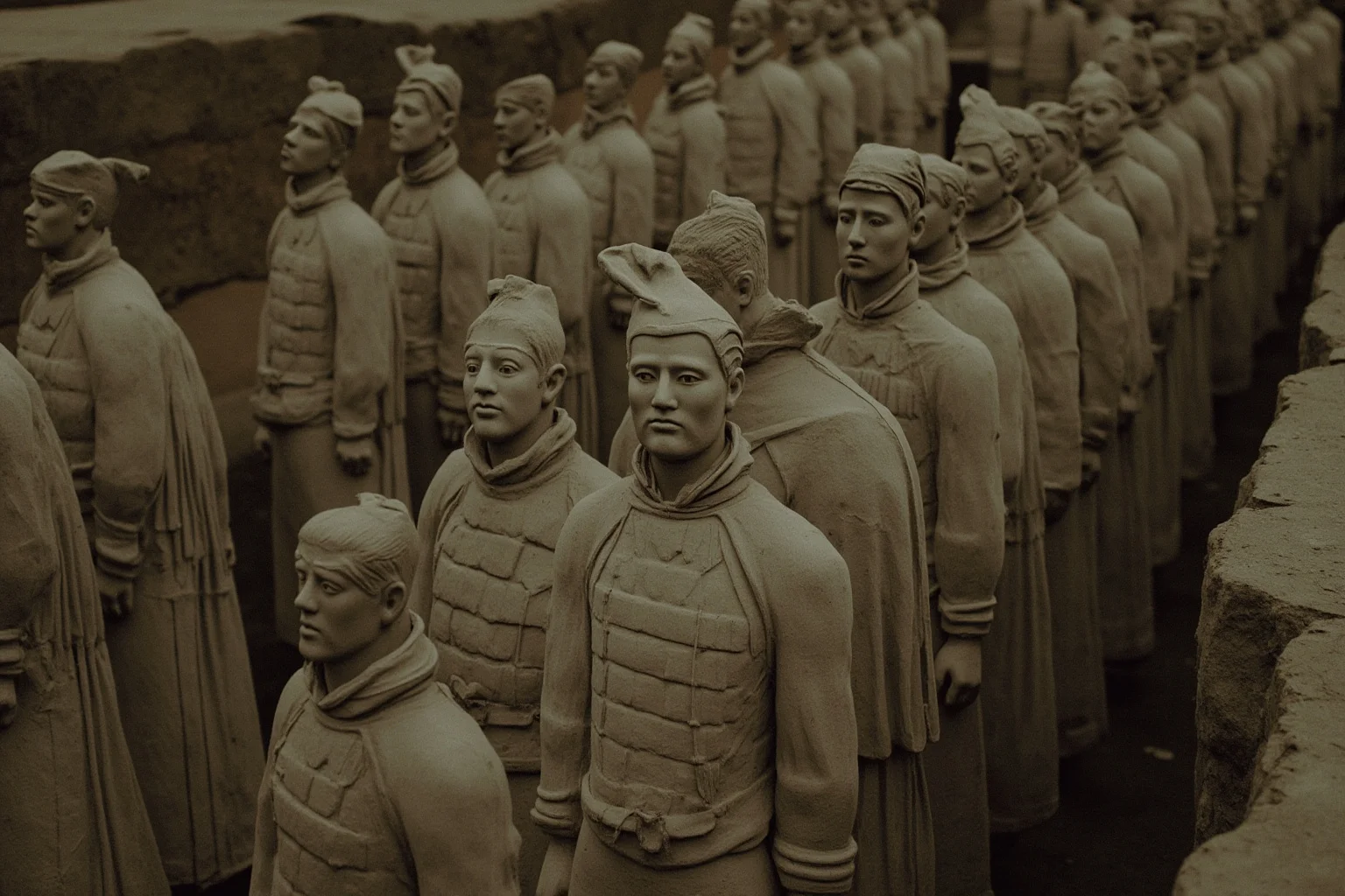 Rows of life-sized terracotta soldier statues standing in an excavated pit, museum lighting