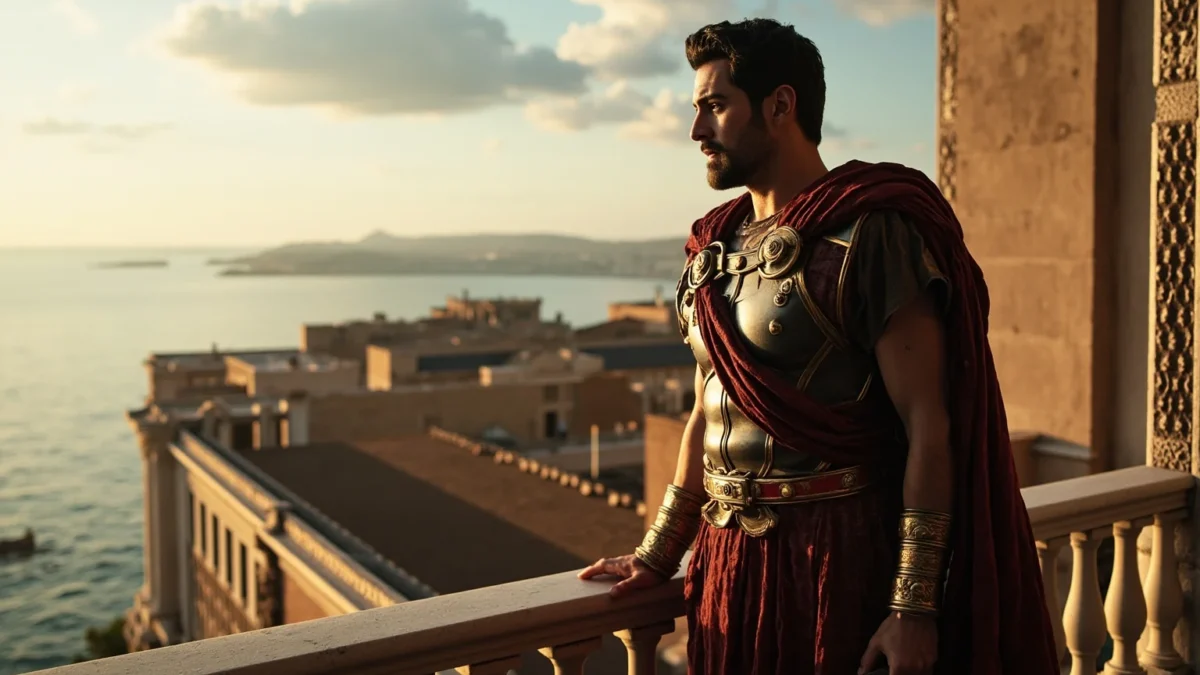 A dramatic Roman emperor in ornate robes standing on a palace balcony overlooking the sea, ancient Rome architecture in the background