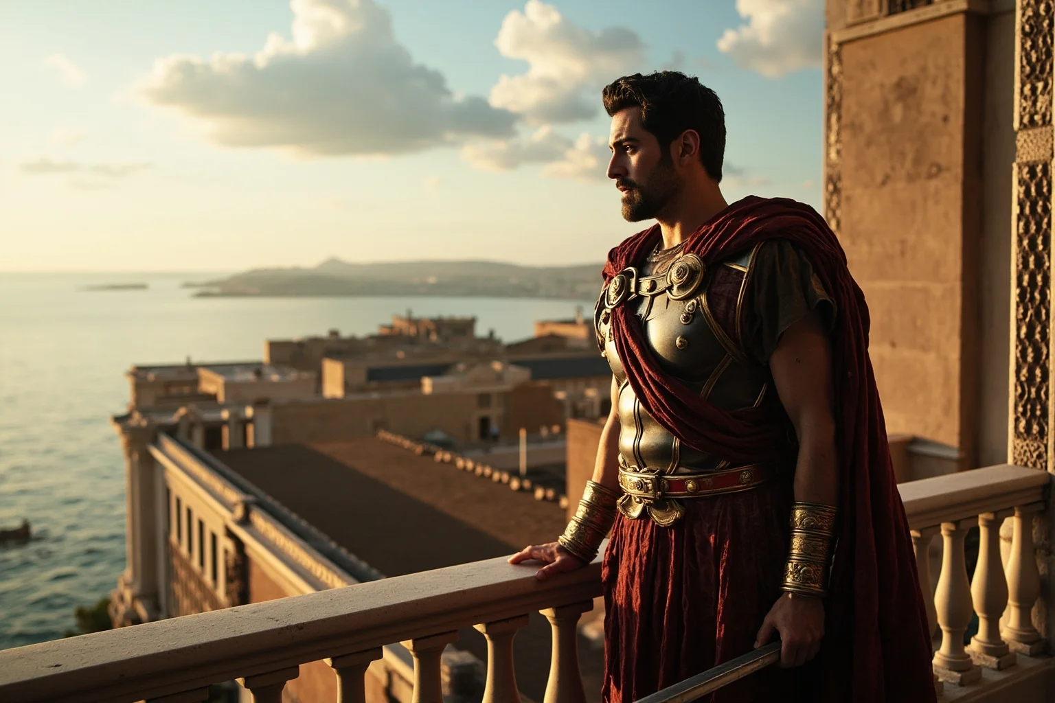 A dramatic Roman emperor in ornate robes standing on a palace balcony overlooking the sea, ancient Rome architecture in the background