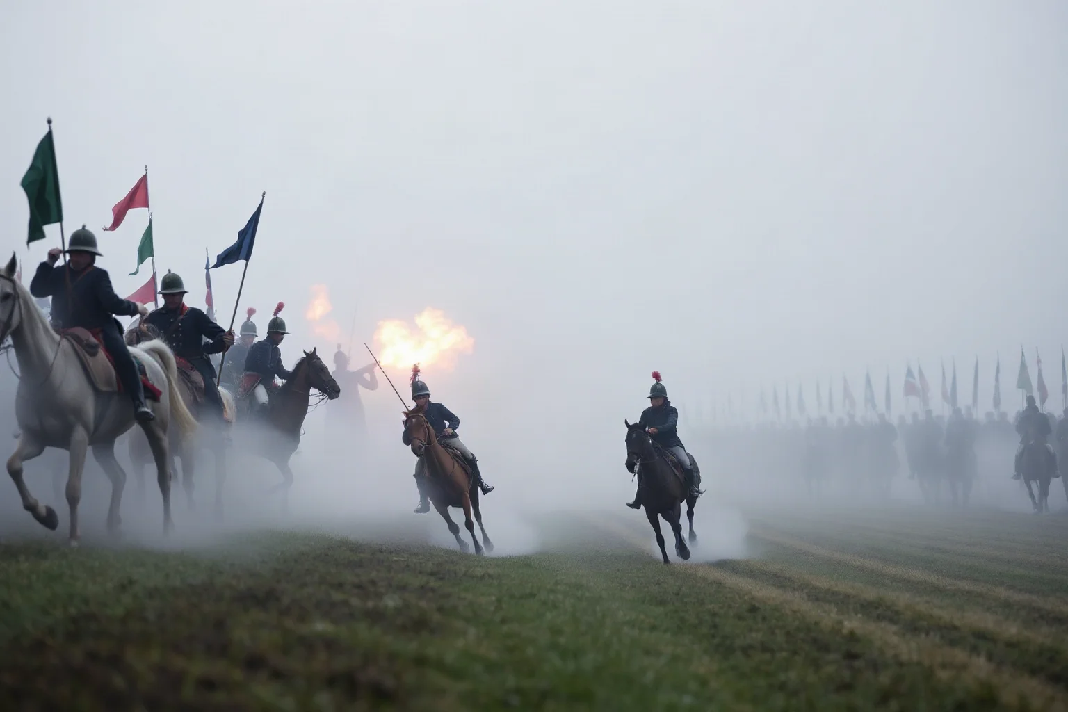 The Battle of Waterloo in 1815: cavalry and infantry clashing on a misty Belgian battlefield, with soldiers on horseback charging through smoke and cannon fire