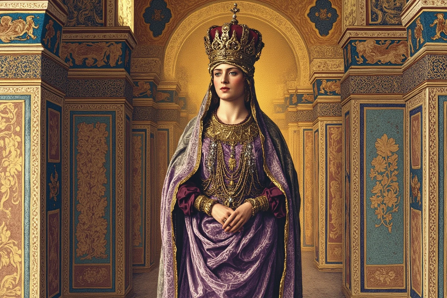 Medieval manuscript-style illustration of a Byzantine empress in purple imperial robes and jeweled crown standing in a mosaic-covered palace hall