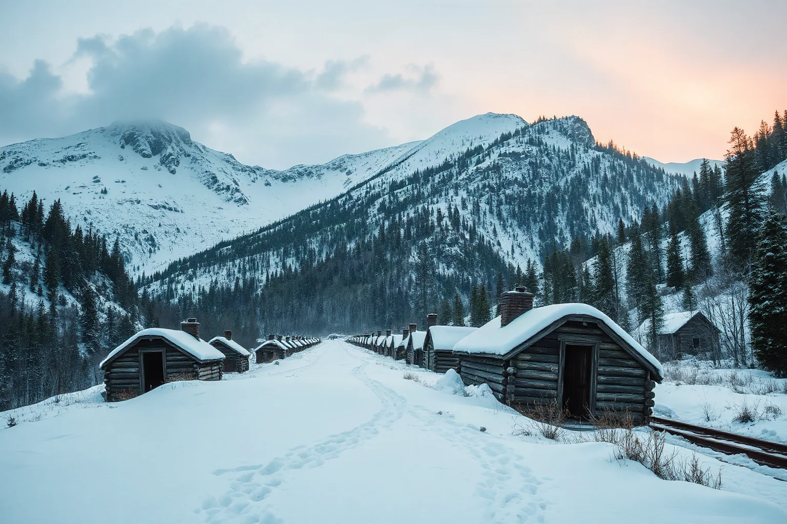 A snow-covered mountain pass with an abandoned 1840s wagon train camp half-buried in snow, somber winter light