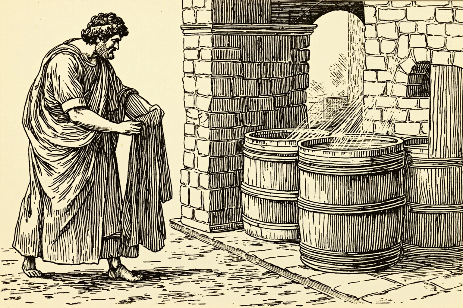 Illustration of a Roman laundry worker using vats of liquid to clean wool togas, ancient Roman fullery scene