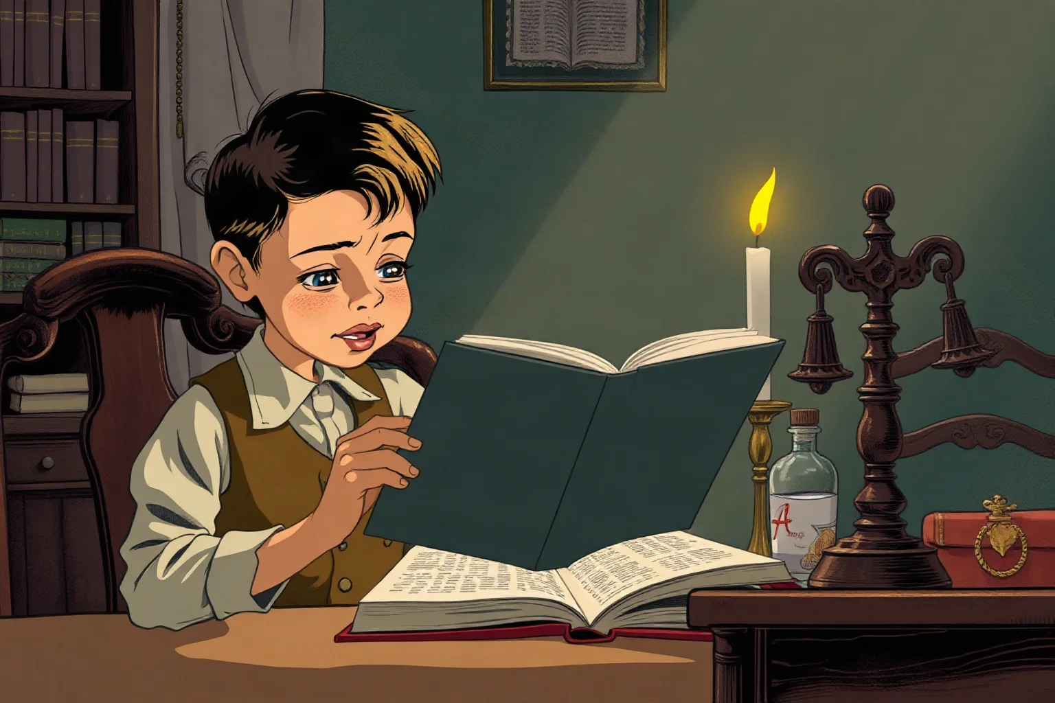 Vintage-style illustration of a young boy struggling to read a book by candlelight in a late 1800s study