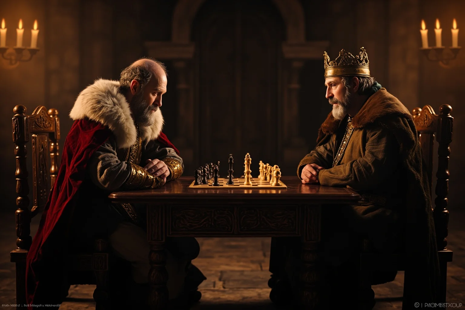 A medieval king and noble seated at a carved wooden table playing chess in a candle-lit stone hall