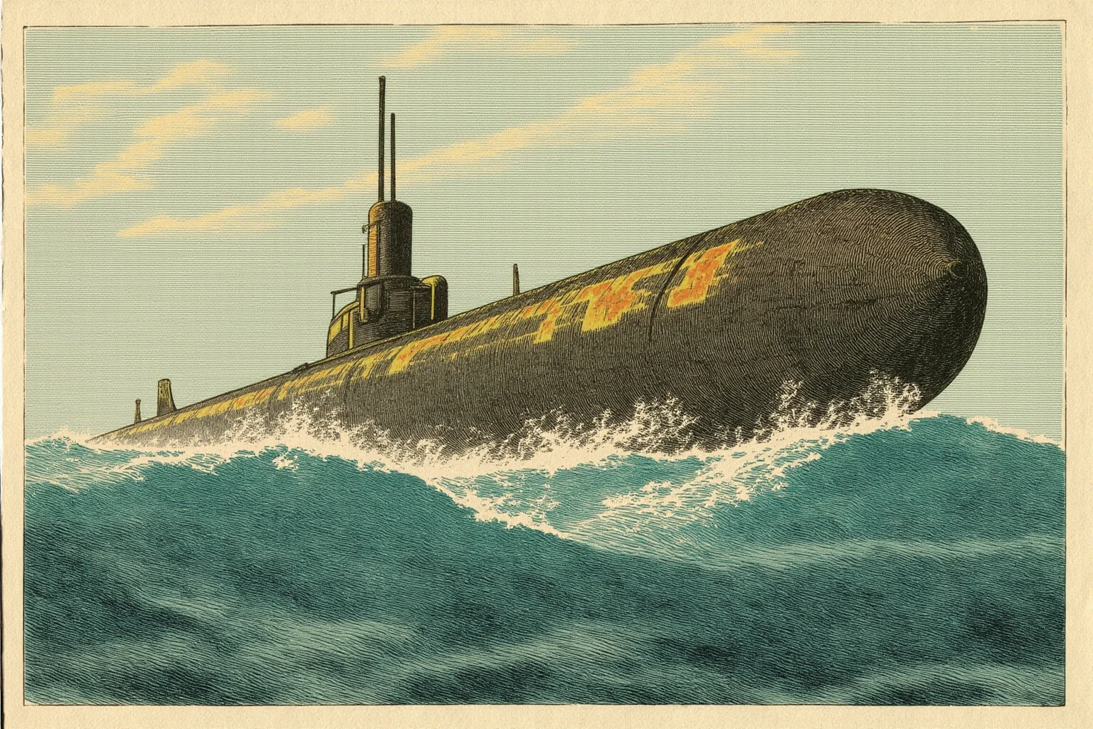 Vintage-style illustration of a fictional submarine beneath ocean waves, inspired by 19th-century adventure novels