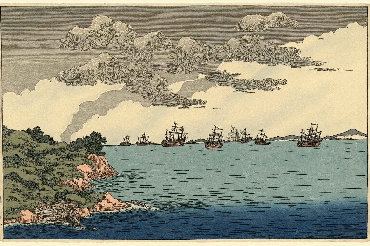 A medieval Japanese coastline with dramatic storm clouds and distant sinking ships, illustrated in an old woodblock print style