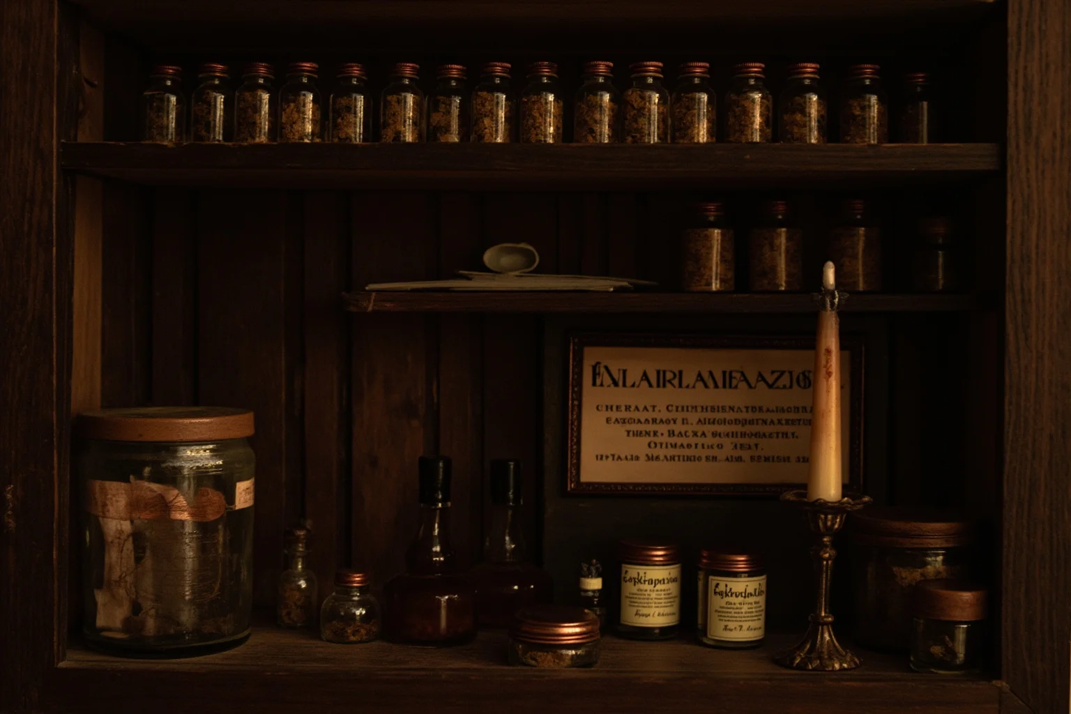 Dim 17th-century Italian apothecary shop with small glass vials, cosmetic jars, and candlelight, historical illustration style
