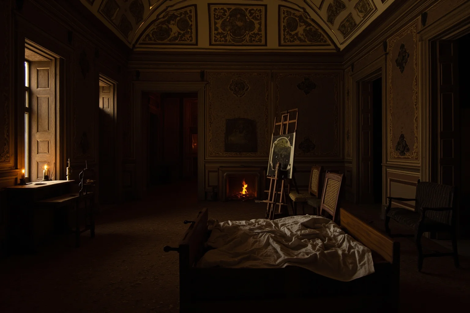 A quiet 16th-century artist's bedroom in a French chateau with an unfinished painting on an easel, soft candlelight, no visible people