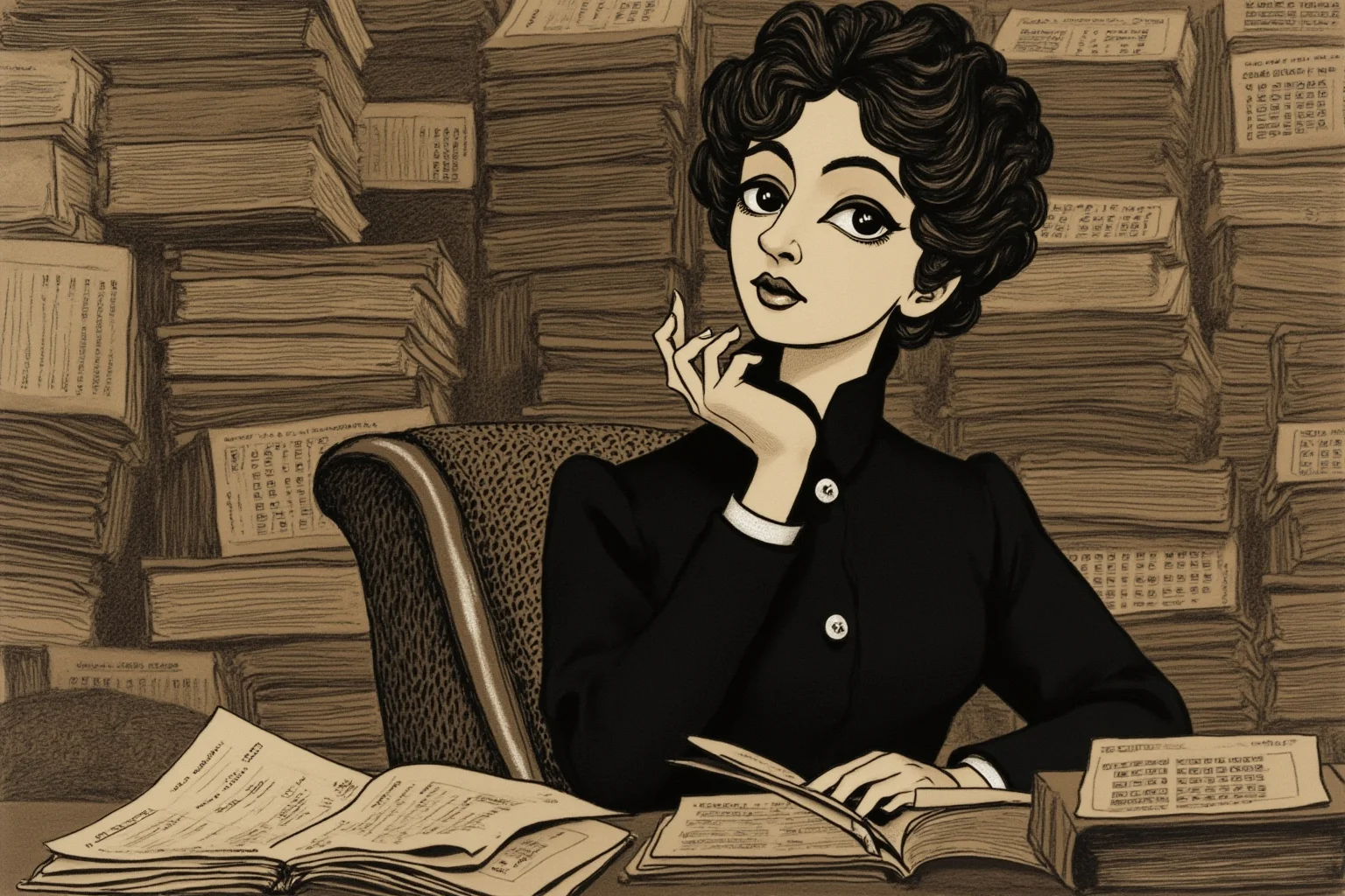 23 Facts About Hetty Green, the Billionaire Who Lived Like a Beggar 2 A Victorian-era businesswoman in an old-fashioned black dress sitting at a cluttered writing desk covered in financial ledgers and bonds, sepia-toned illustration