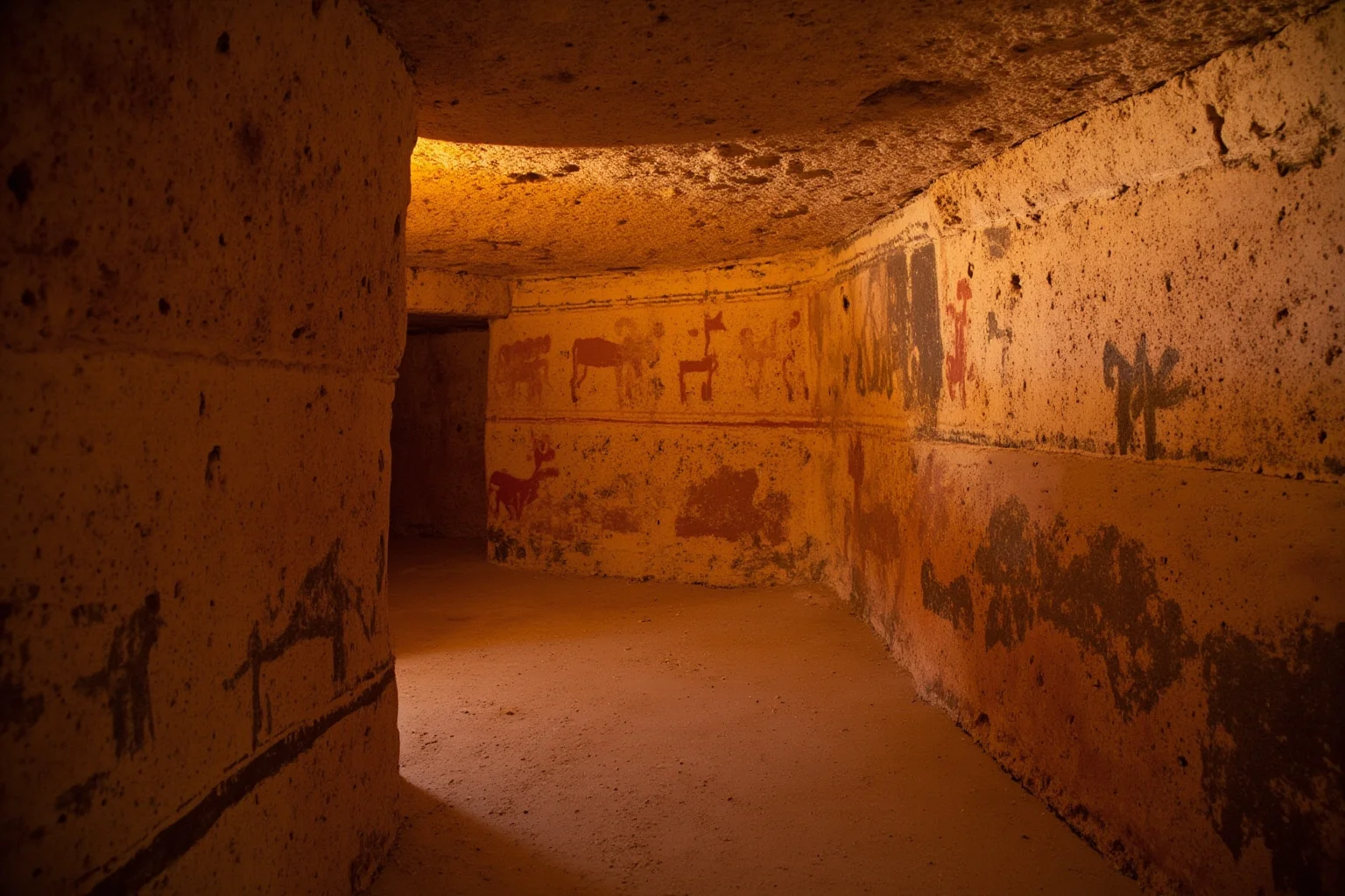 Ancient rock shelter walls covered in faded prehistoric paintings of animals and human figures, warm cave lighting