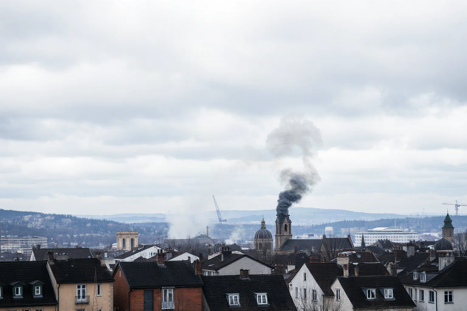 A war-torn European city skyline seen from a distance, smoke rising over rooftops under a grey autumn sky, illustrating a city under siege