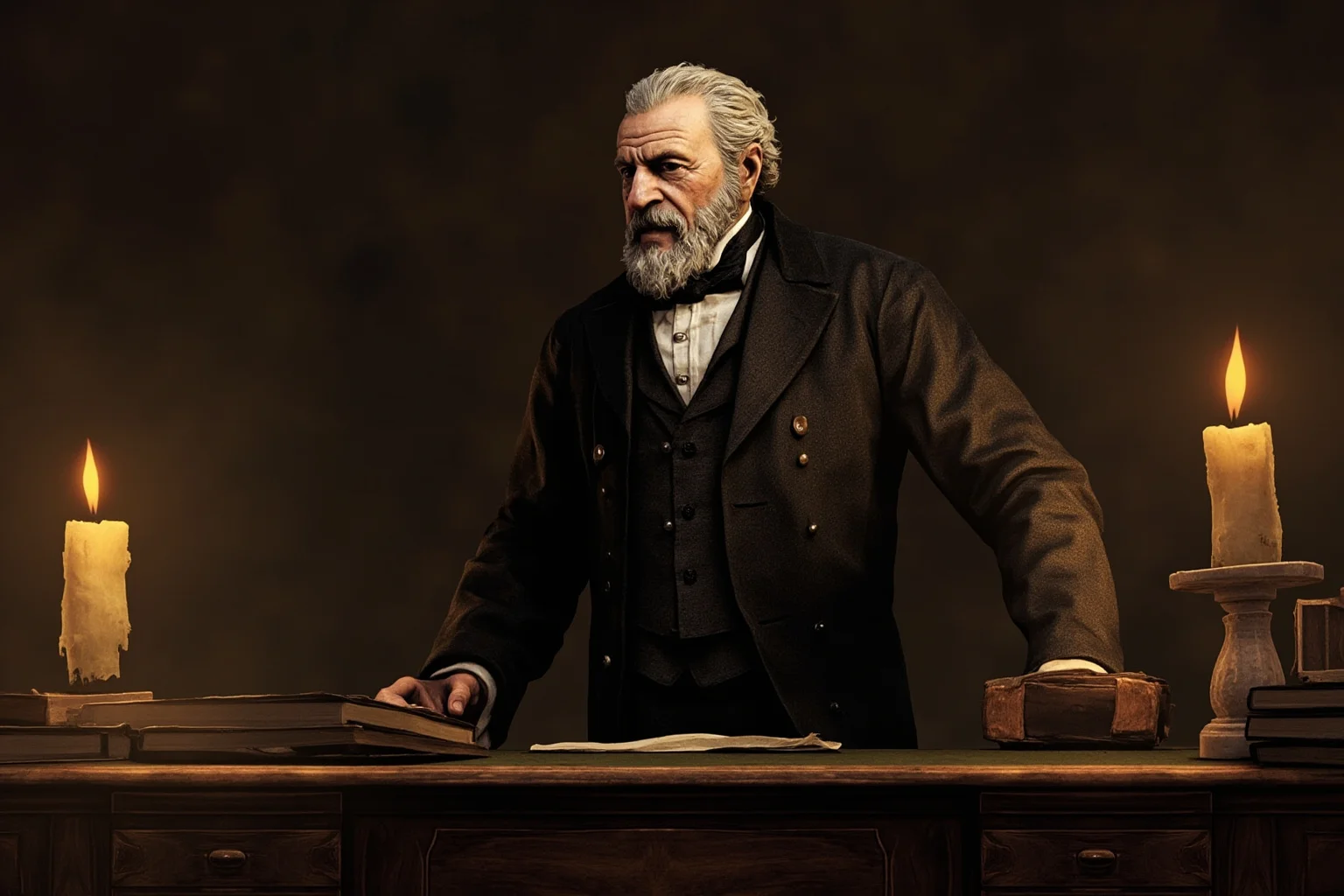 A weathered 19th-century American president in a dark suit, standing at a wooden desk with candlelight, illustration style, no recognizable real face