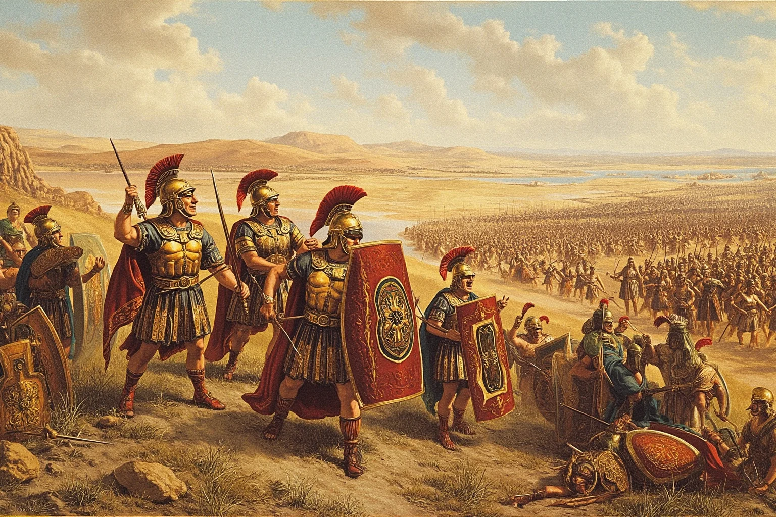 23 Important Ancient Greek Battles In History 2 Ancient Greek hoplite soldiers in bronze armor clashing with Persian troops on an open coastal plain, historical illustration style