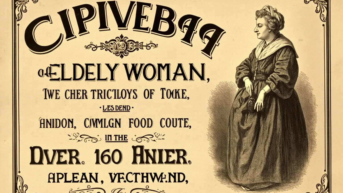 Vintage-style illustration of a 19th-century advertisement poster for an elderly woman claimed to be over 160 years old, sepia tones, antique circus poster style