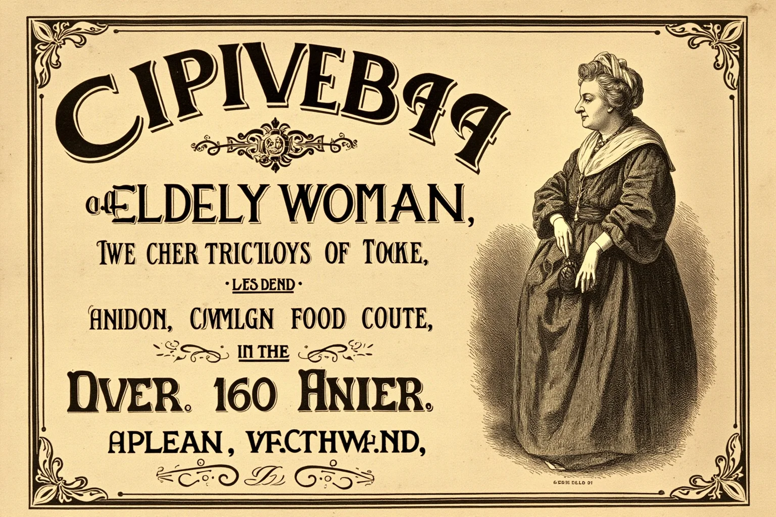 Vintage-style illustration of a 19th-century advertisement poster for an elderly woman claimed to be over 160 years old, sepia tones, antique circus poster style