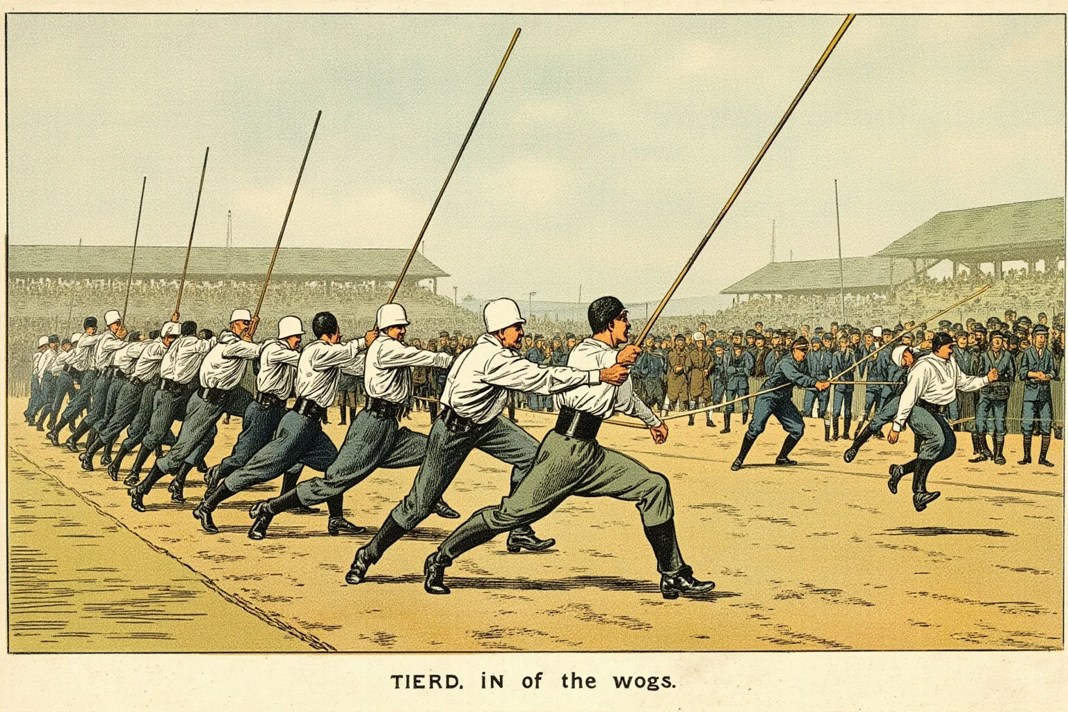 23 Olympic Sports That Don't Exist Anymore (And Why They Vanished) 2 Vintage-style illustration of a team competing in an early 1900s Olympic tug of war contest, outdoor stadium setting