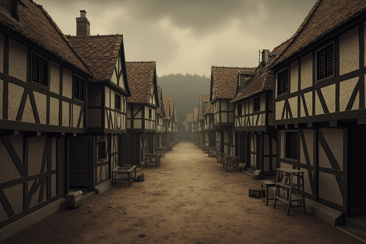 23 Worst Things That Ever Happened in History 2 A somber medieval European village scene with empty streets, symbolizing the Black Death plague era, painted in muted historical tones