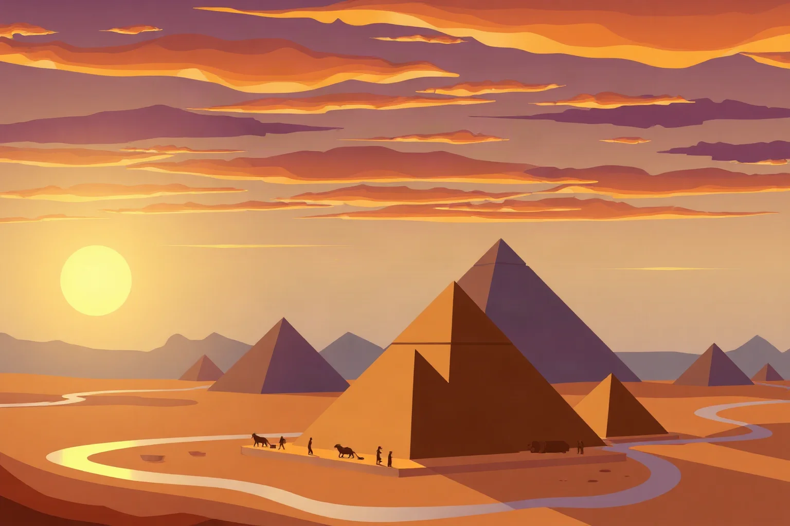 Illustration of Nubian pyramids at Meroë along the Nile at sunset, smaller and steeper than Egyptian pyramids