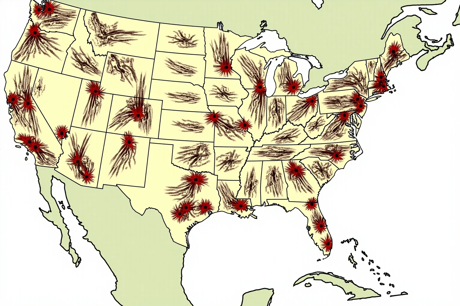 A stylized map of North America highlighting many different regions, symbolizing hundreds of distinct Native American nations