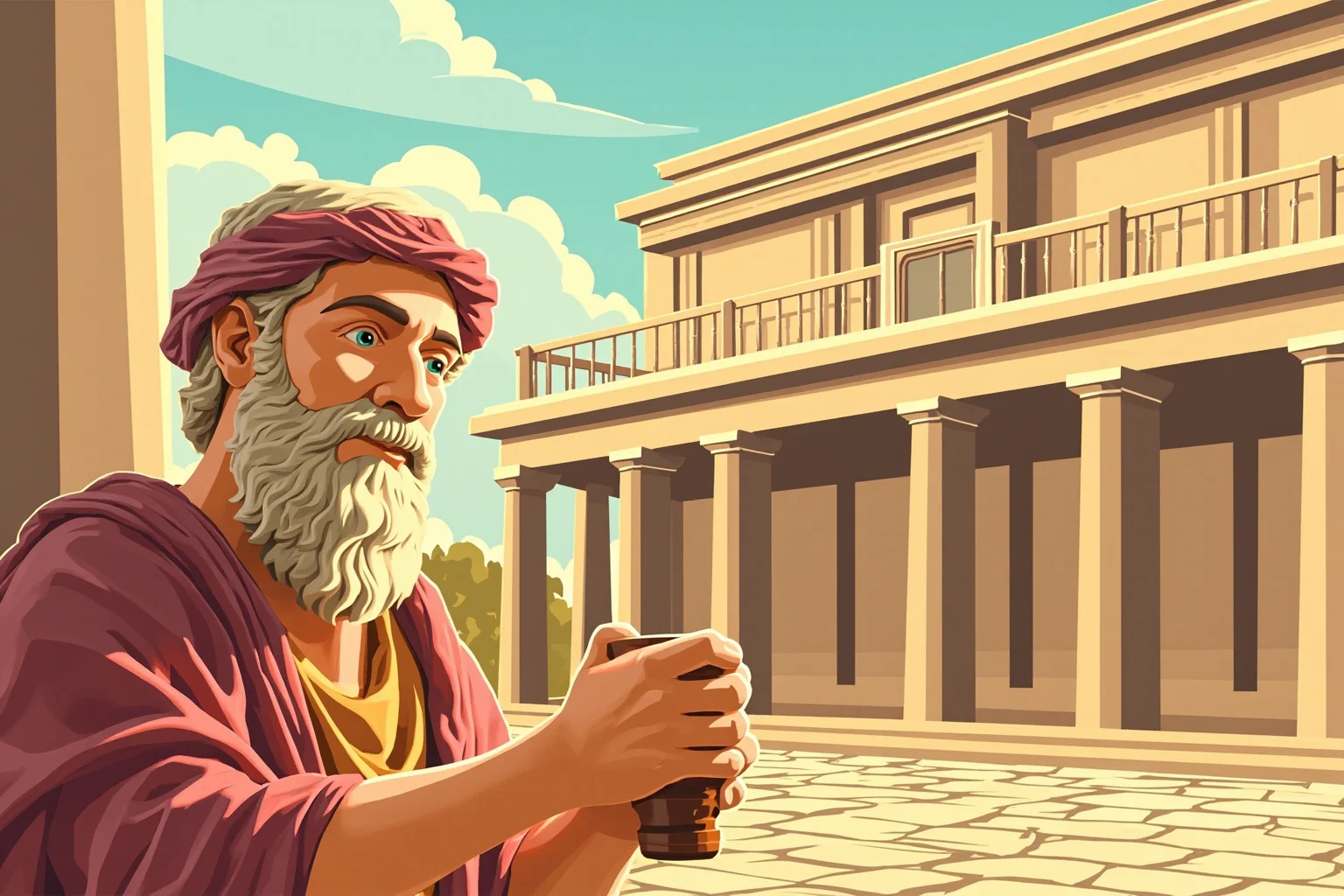 24 Historical Figures Who Became Martyrs for Their Cause 2 Illustration of an ancient Greek philosopher in robes calmly holding a cup, classical Athens courtyard in the background