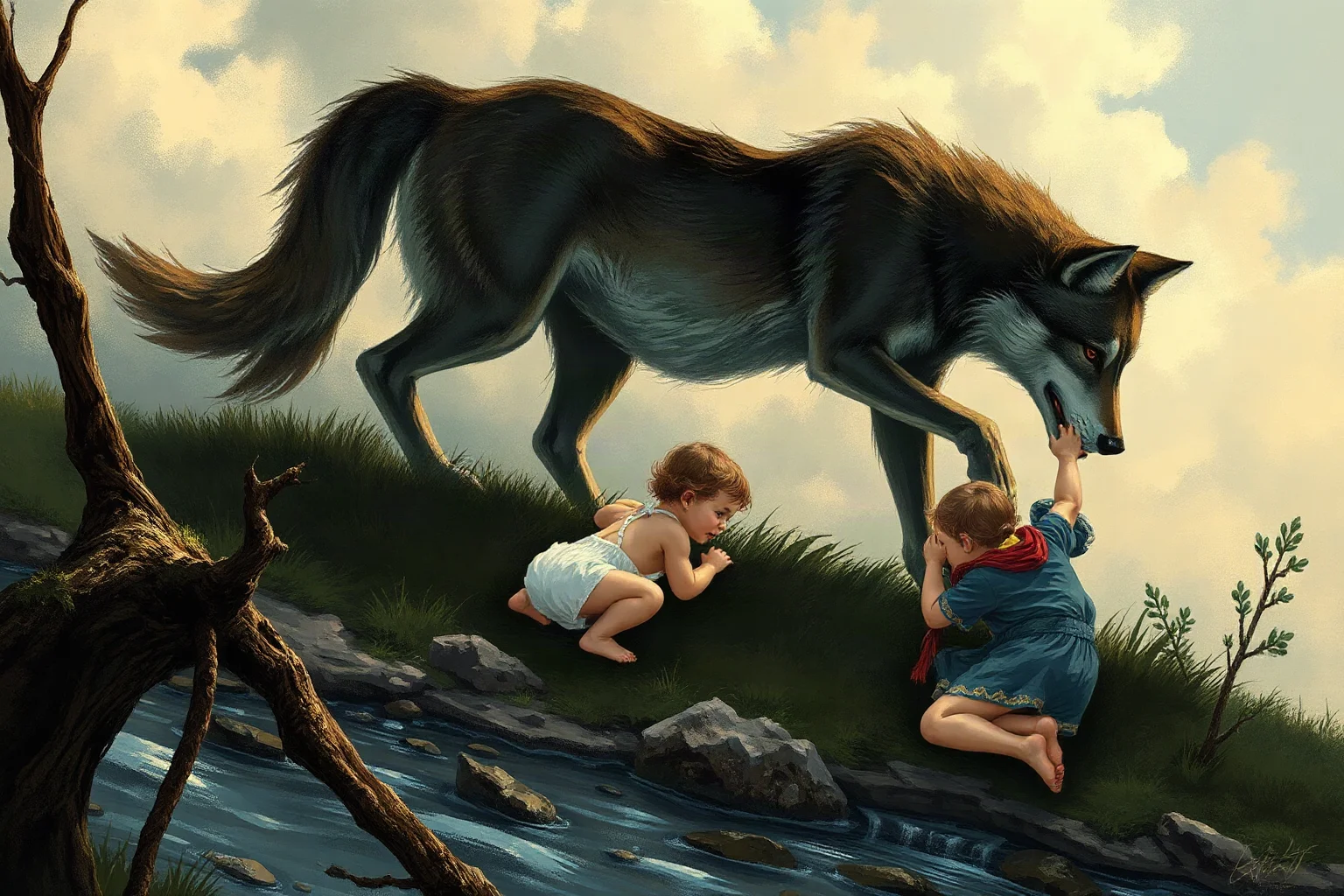 Illustration of two legendary infant twins being discovered near a she-wolf on the banks of an ancient river, mythic art style